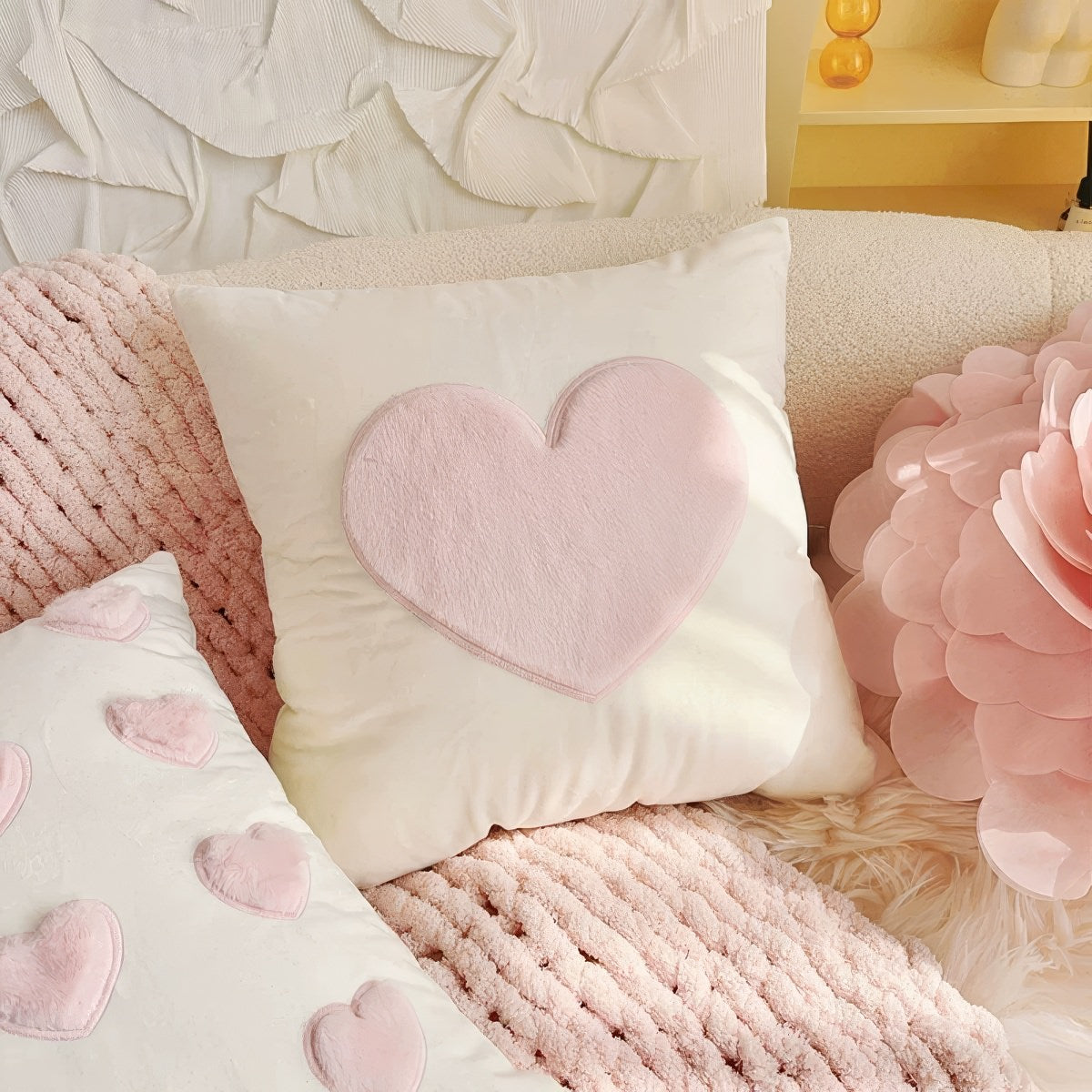 Plush Heart Cushion Cover — Velvet Set with Raised Appliqué for Layered Bedding — Lifestyle 2