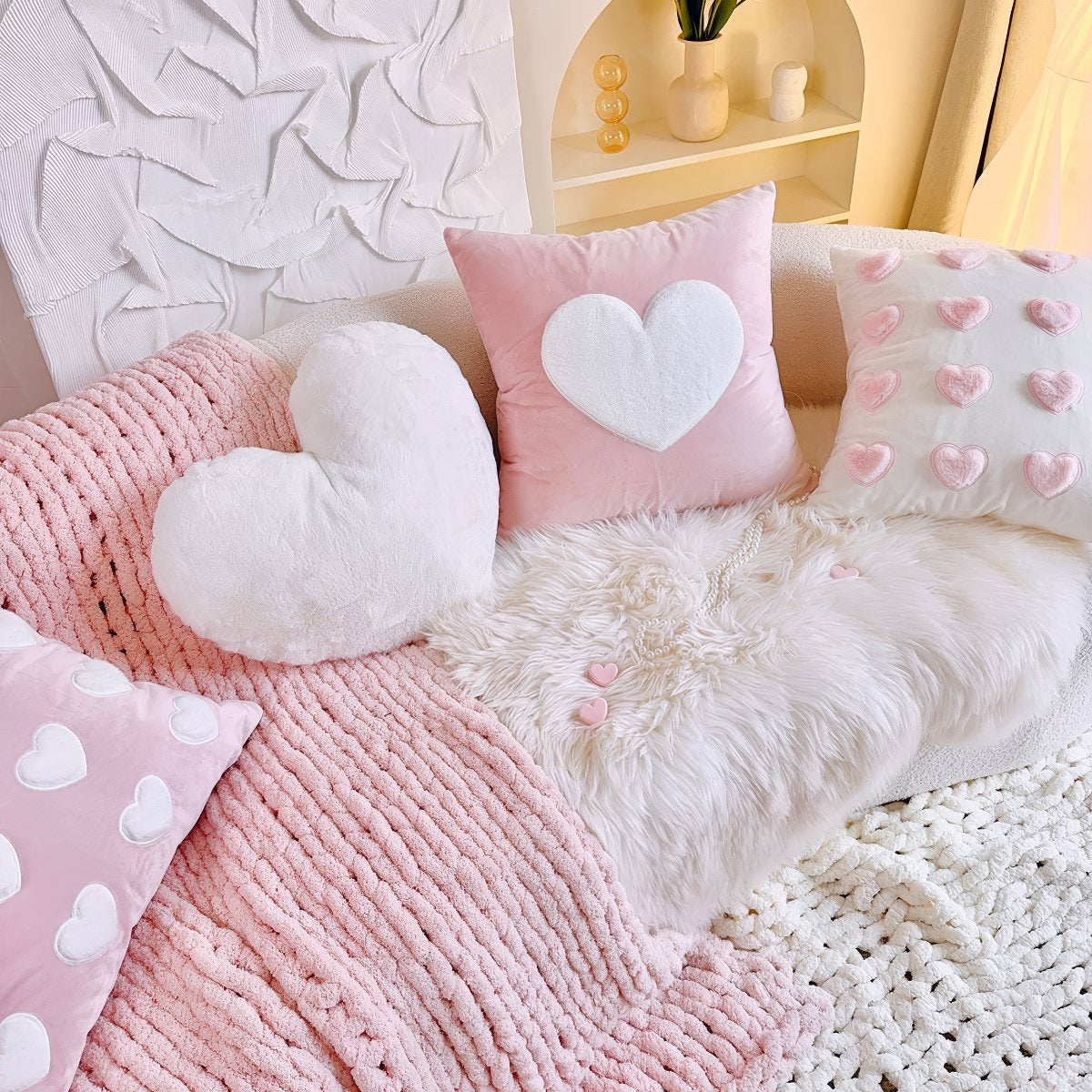 Plush Heart Cushion Cover — Velvet Set with Raised Appliqué for Layered Bedding — Detail