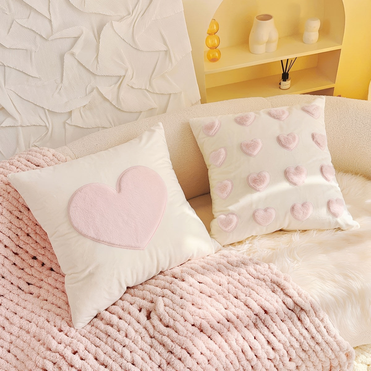 Plush Heart Cushion Cover — Velvet Set with Raised Appliqué for Layered Bedding — Lifestyle 7