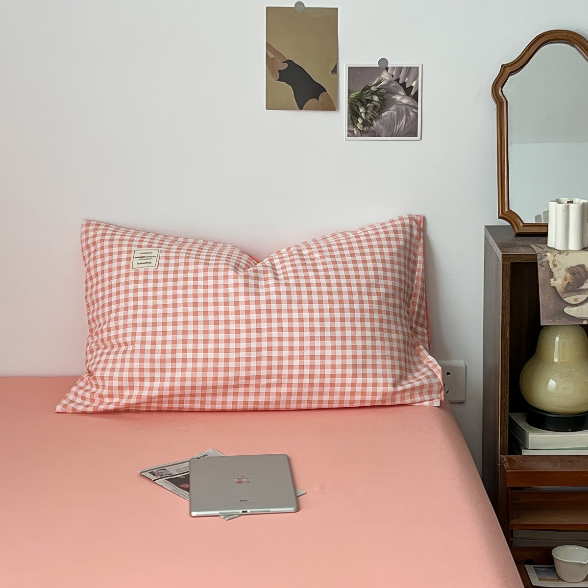 Peach Pink Gingham Bedding Set — Cotton Duvet & Pillowcases — Lifestyle 7