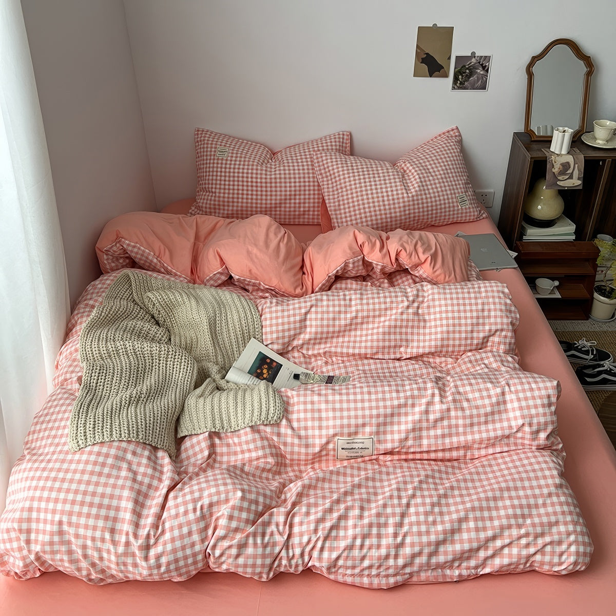 Peachy Pink Gingham Bedding Set — Soft-Touch Cotton Duvet & Pillowcases — Lifestyle 1