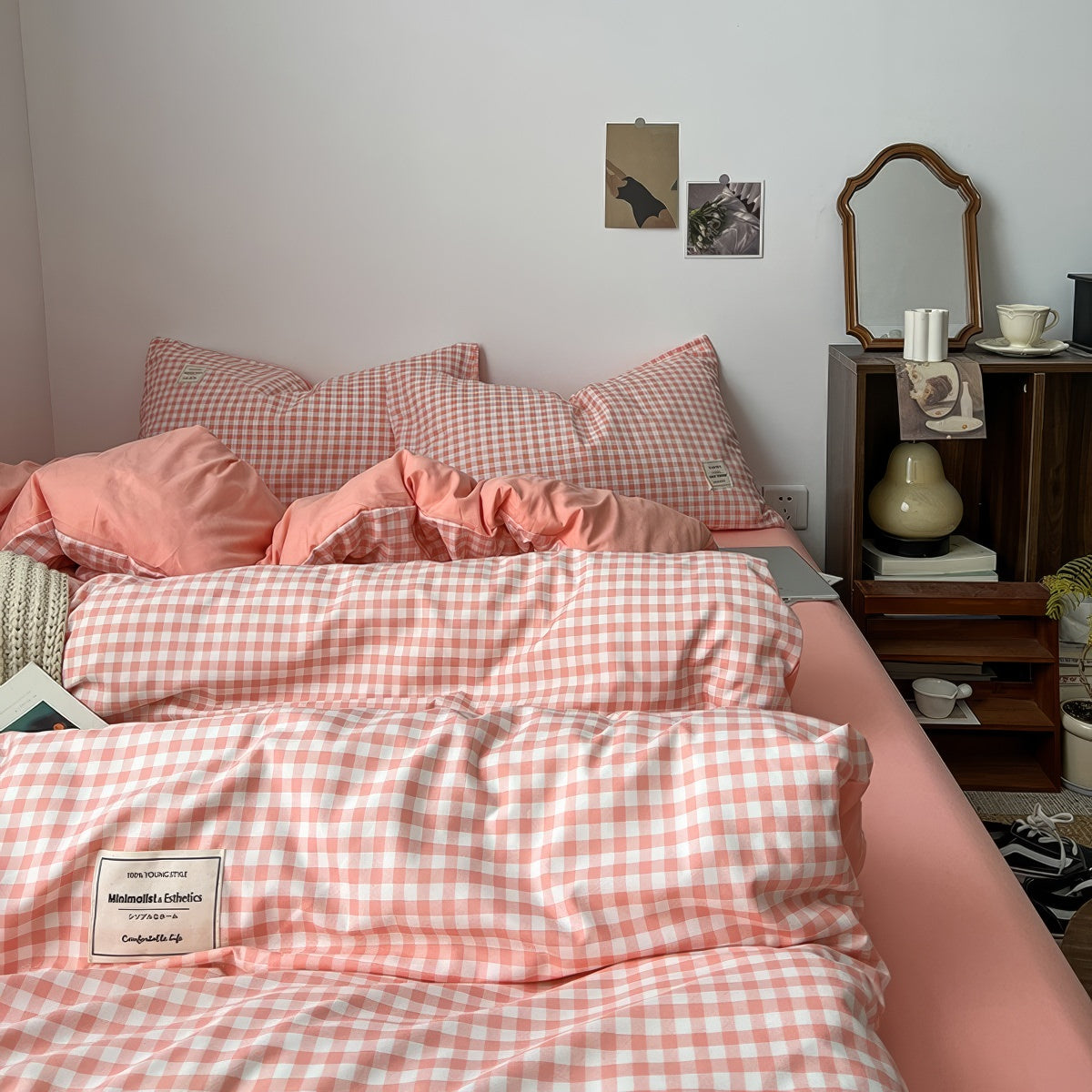 Peachy Pink Gingham Bedding Set — Soft-Touch Cotton Duvet & Pillowcases — Front view