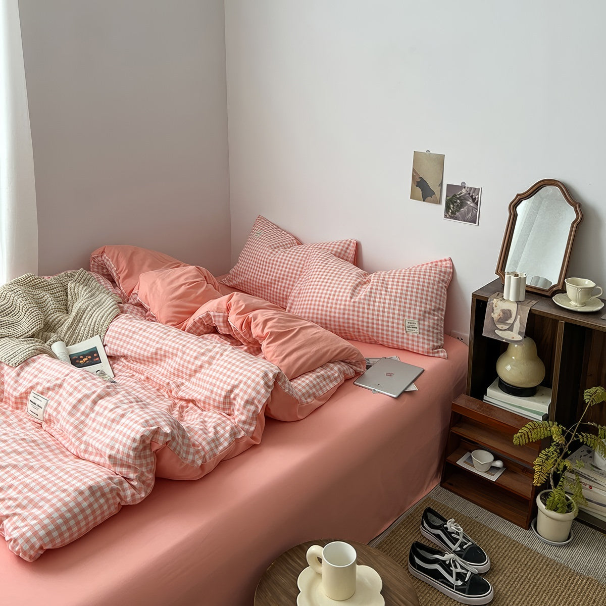 Peach Pink Gingham Bedding Set — Cotton Duvet & Pillowcases — Lifestyle 3