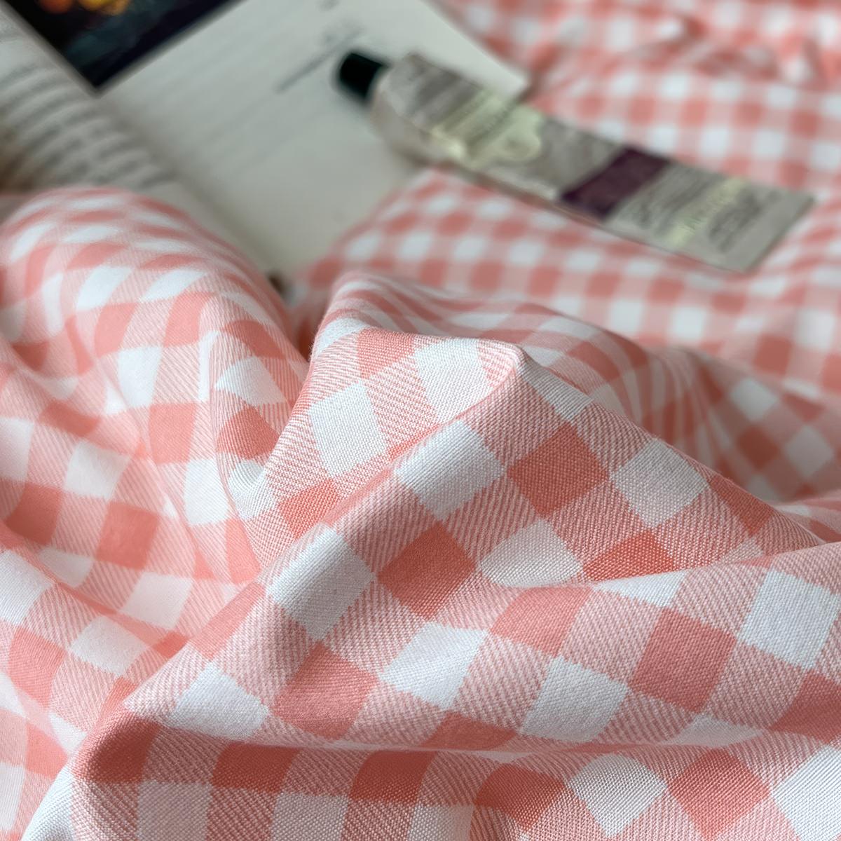 Peach Pink Gingham Bedding Set — Cotton Duvet & Pillowcases — Detail
