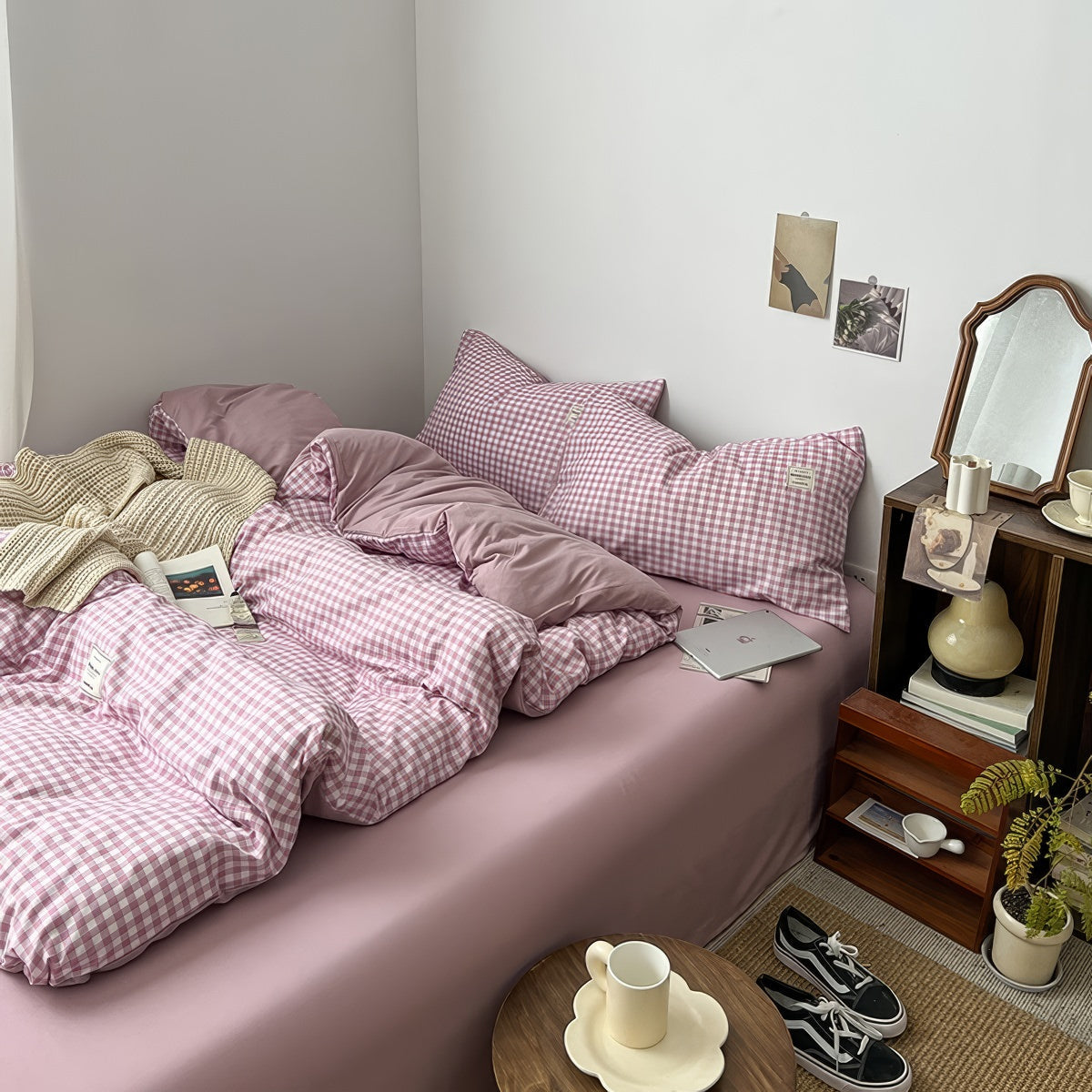 Dusty Purple Gingham Bedding Set — Cotton Duvet & Pillowcases — Lifestyle 3