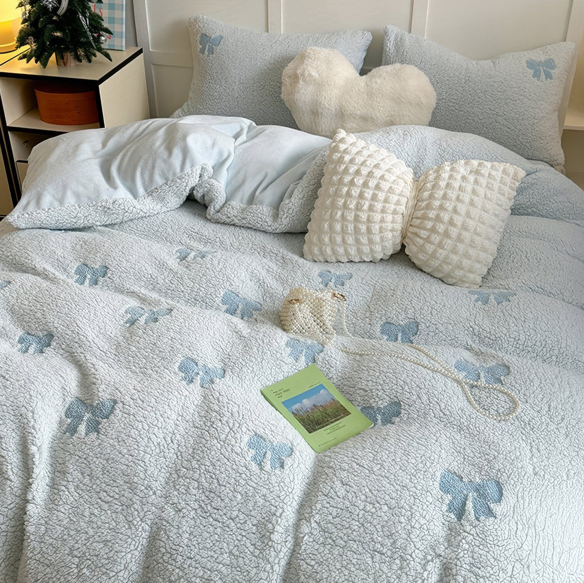 Embroidered Bow Sherpa Bedding Set — Plush Fleece Duvet Cover for Cold-Weather Bedrooms — Lifestyle 3