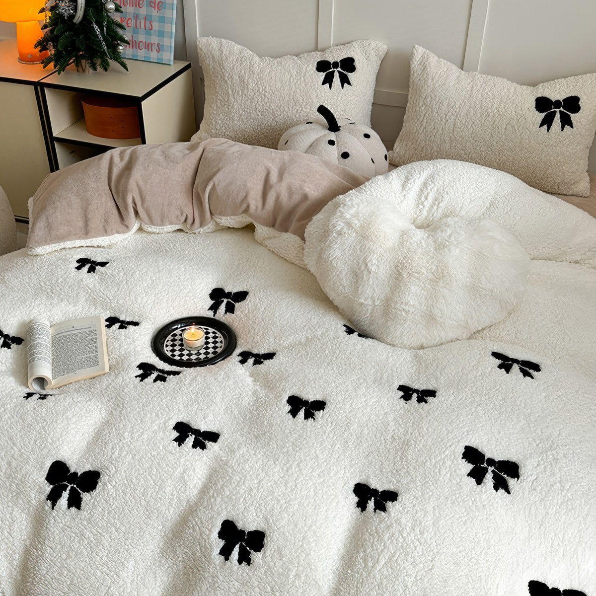 Embroidered Bow Sherpa Bedding Set — Plush Fleece Duvet Cover for Cold-Weather Bedrooms — Lifestyle 4