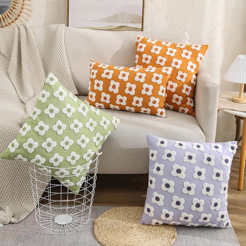 Embroidered Daisy Cushion Cover — Cotton Canvas Pillowcase for Bedroom Styling — Lifestyle 3