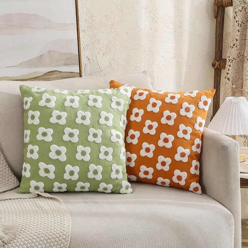 Embroidered Daisy Cushion Cover — Cotton Canvas Pillowcase for Bedroom Styling — Front view