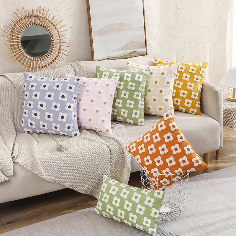 Embroidered Daisy Cushion Cover — Cotton Canvas Pillowcase for Bedroom Styling — Lifestyle 2