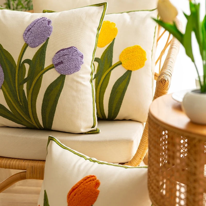 Embroidered Colorful Tulips Cushion Cover — Soft Textured Pillow for Bedroom Layering — Front view