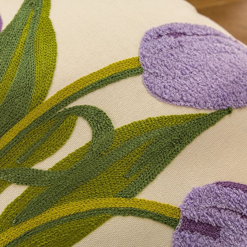 Embroidered Colorful Tulips Cushion Cover — Soft Textured Pillow for Bedroom Layering — Lifestyle 1