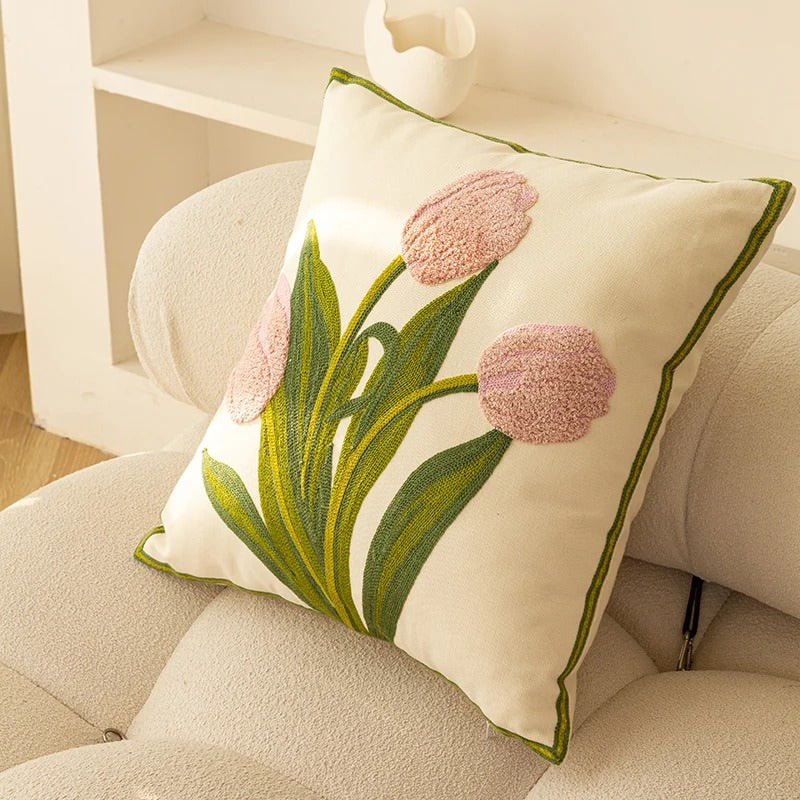 Embroidered Colorful Tulips Cushion Cover — Soft Textured Pillow for Bedroom Layering — Lifestyle 4