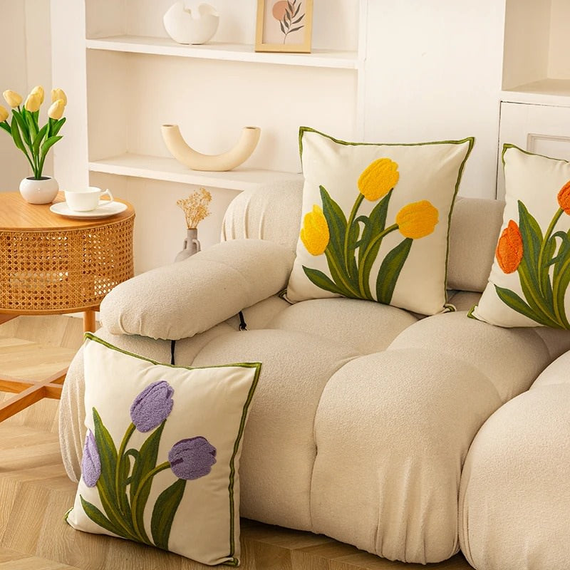 Embroidered Colorful Tulips Cushion Cover — Soft Textured Pillow for Bedroom Layering — Lifestyle 3