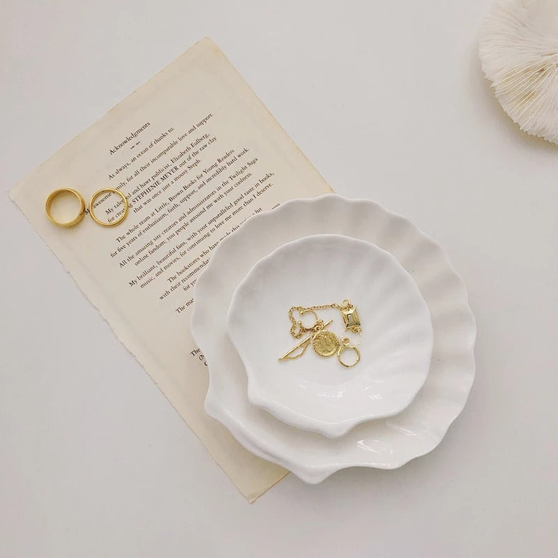 White Ceramic Shell Jewelry Tray — Considered Home Styling — Front view