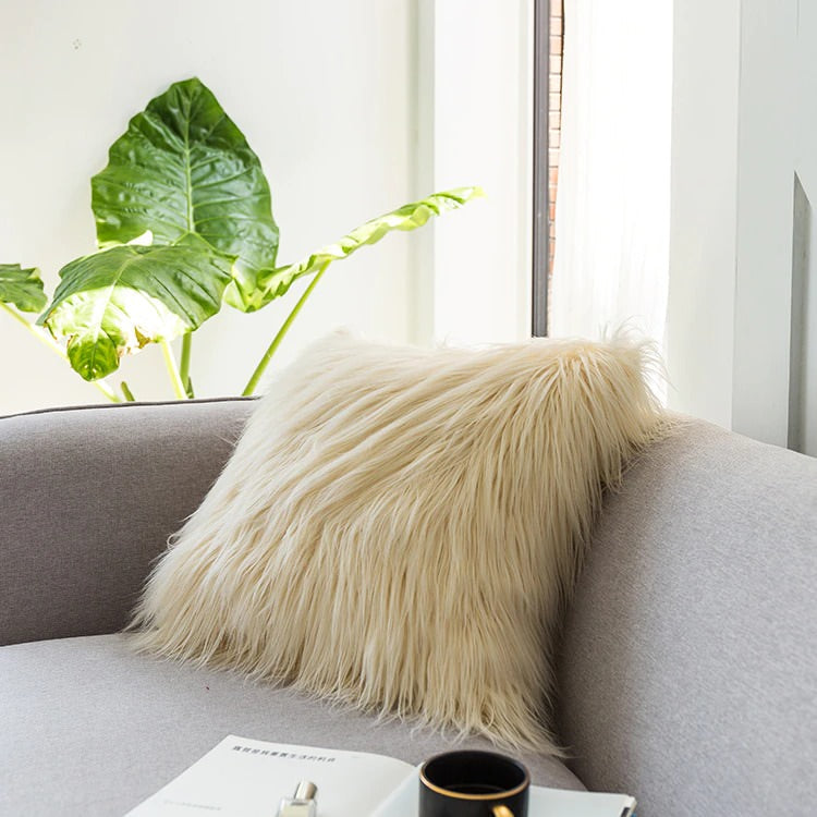 Dusty Faux Fur Cushion Cover — Soft Textured Pillow for Bedroom Layering — Lifestyle 7