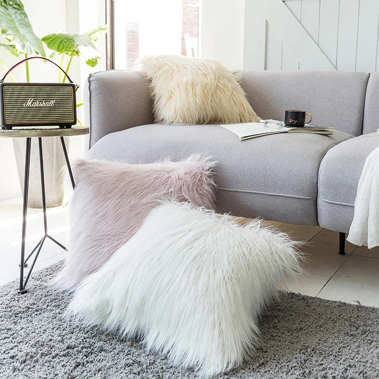 Dusty Faux Fur Cushion Cover — Soft Textured Pillow for Bedroom Layering — Lifestyle 2