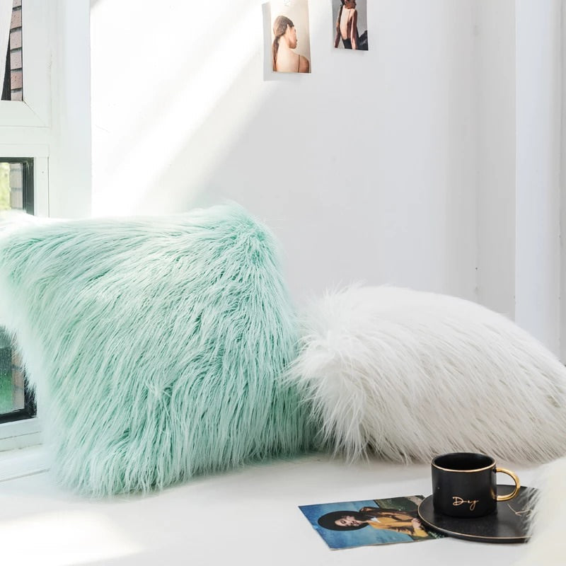 Long Faux Fur Cushion Cover — Dusty Tones for Bedroom & Lounge Styling — Lifestyle 1