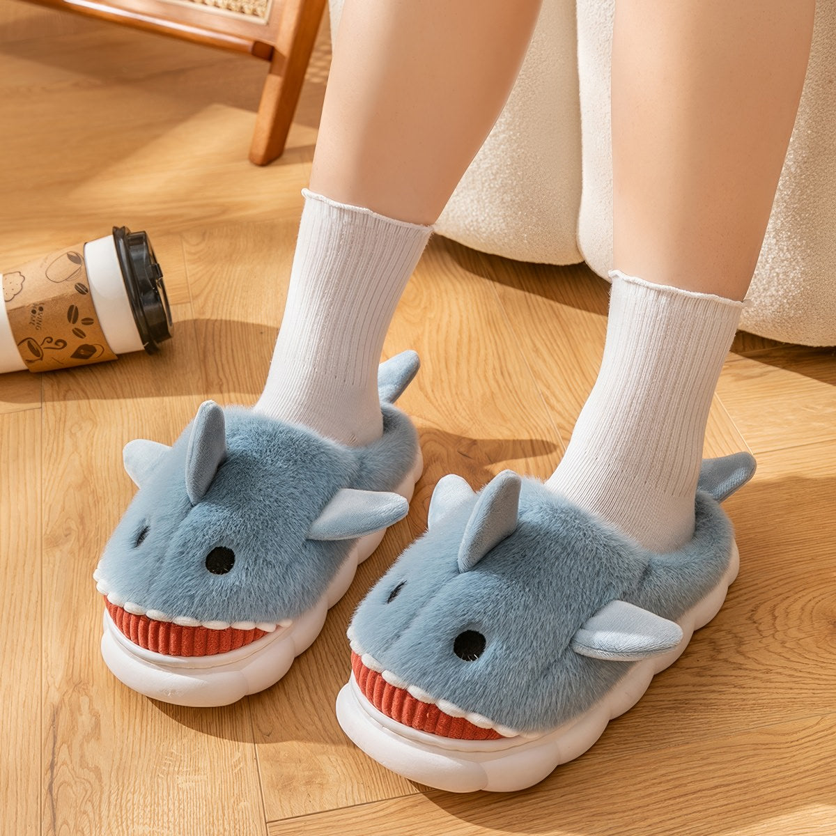 Plush Shark Slippers — Fluffy Indoor Slides for At-Home Comfort — Lifestyle 5