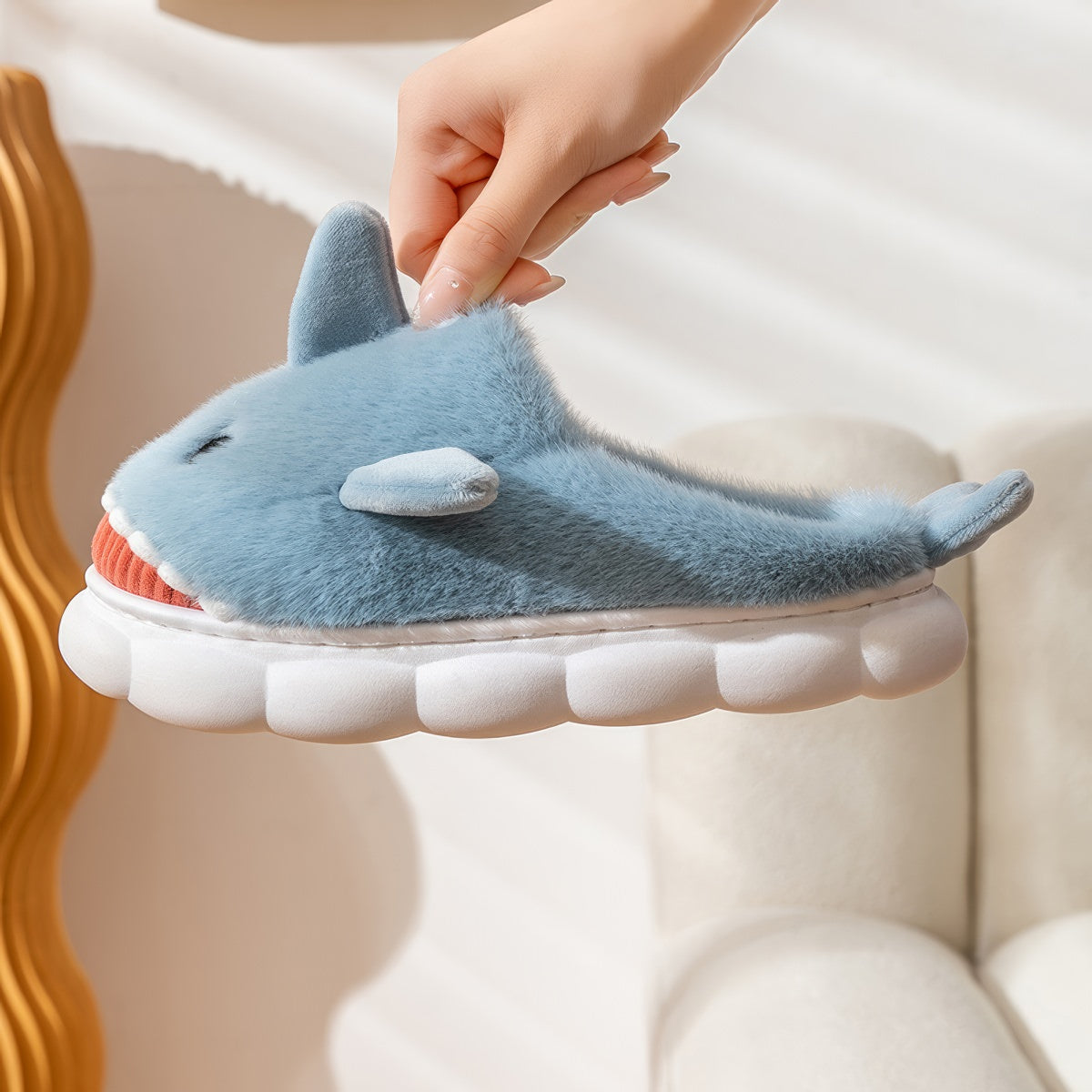 Fluffy Shark Slides — Plush Indoor Slip-On for Home Comfort — Lifestyle 4