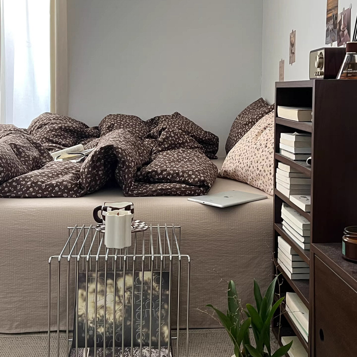 Vintage Brown Floral Bedding Set — Crinkled Cotton-Blend Duvet Cover for Neutral Bedrooms — Lifestyle 5