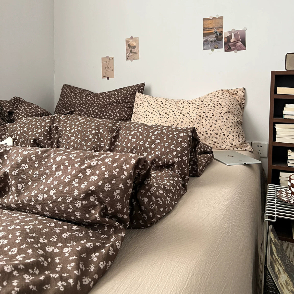 Vintage Brown Floral Bedding Set — Crinkled Cotton-Blend Duvet Cover for Neutral Bedrooms — Front view