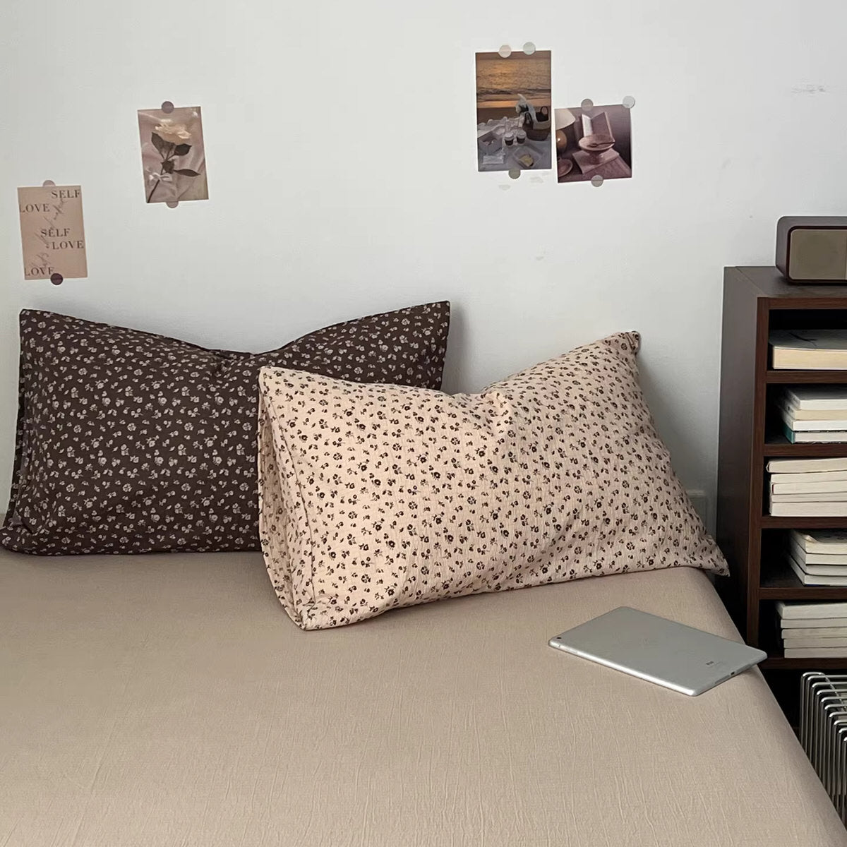 Vintage Brown Floral Bedding Set — Crinkled Cotton-Blend Duvet Cover for Neutral Bedrooms — Lifestyle 1