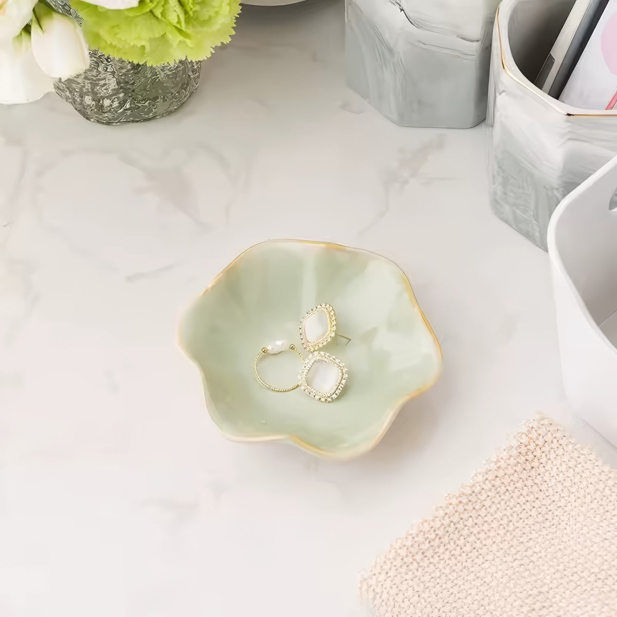 Petal Ceramic Jewelry Tray — Crackle-Glaze Catch-All for Vanity Styling — Lifestyle 5