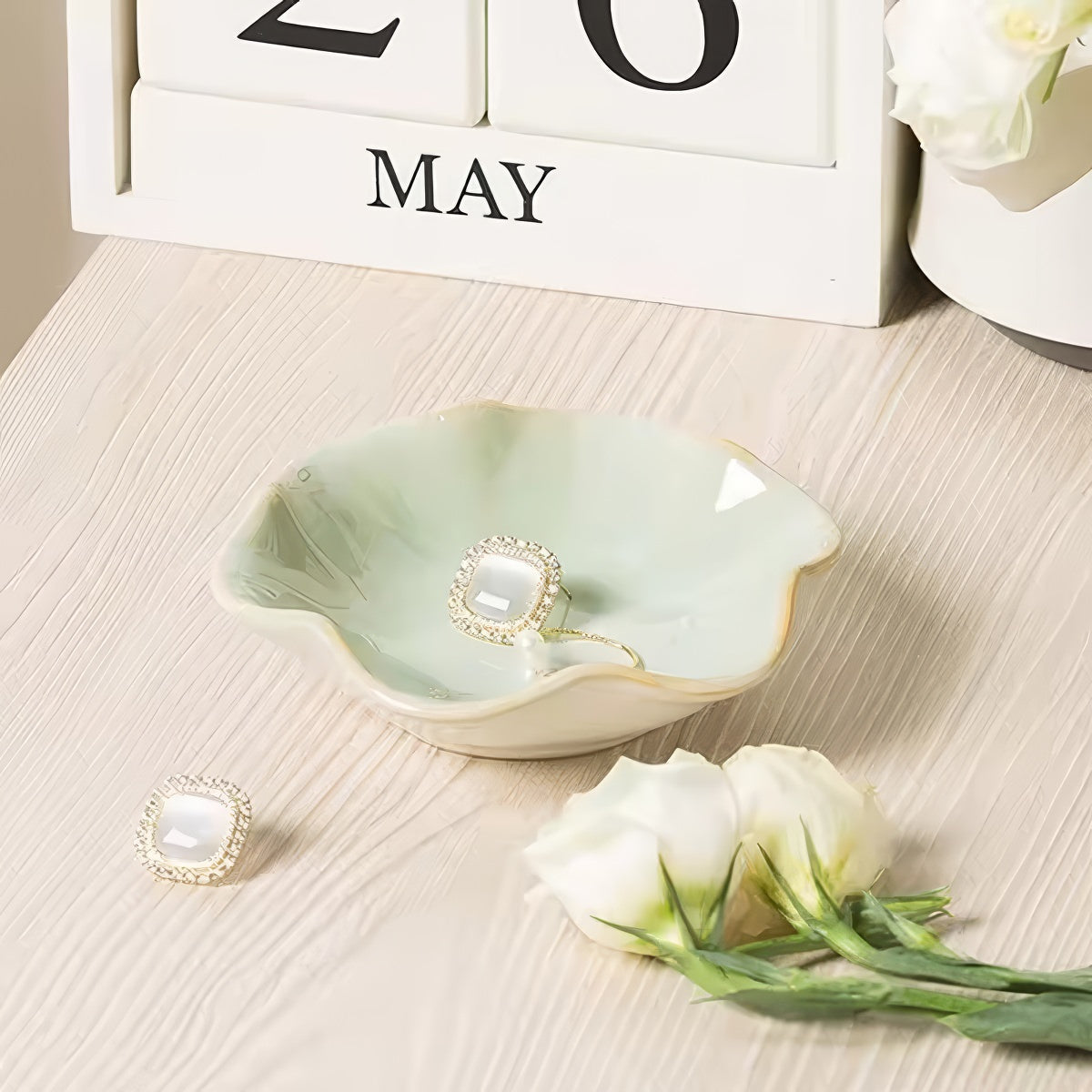 Petal Ceramic Jewelry Tray — Crackle-Glaze Catch-All for Vanity Styling — Lifestyle 6
