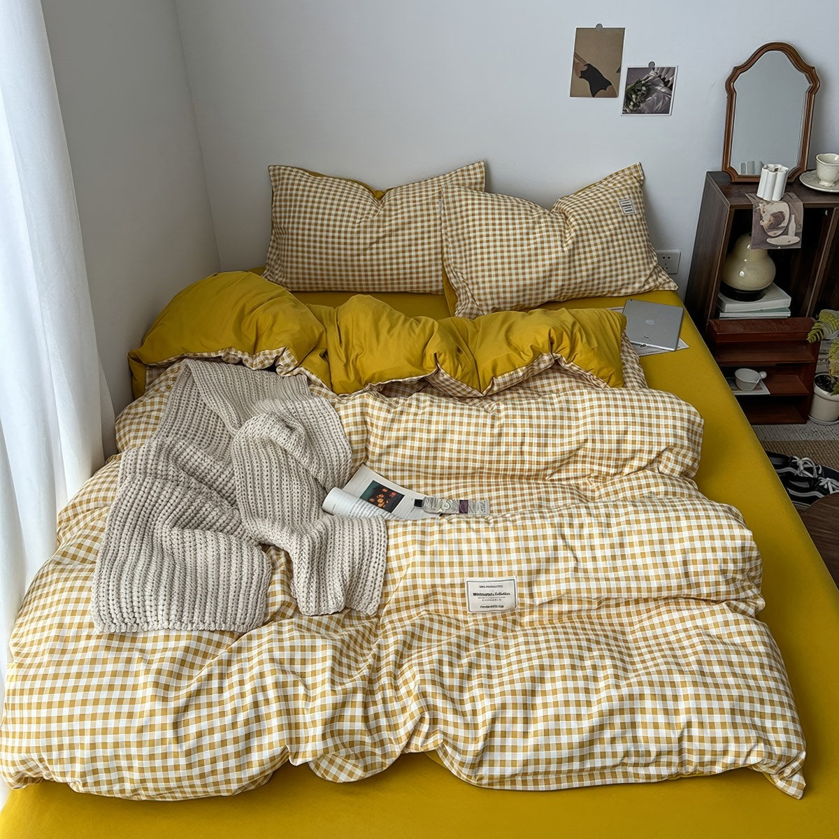 Golden Yellow Gingham Bedding Set — Soft-Touch Cotton Duvet & Pillowcases — Lifestyle 1