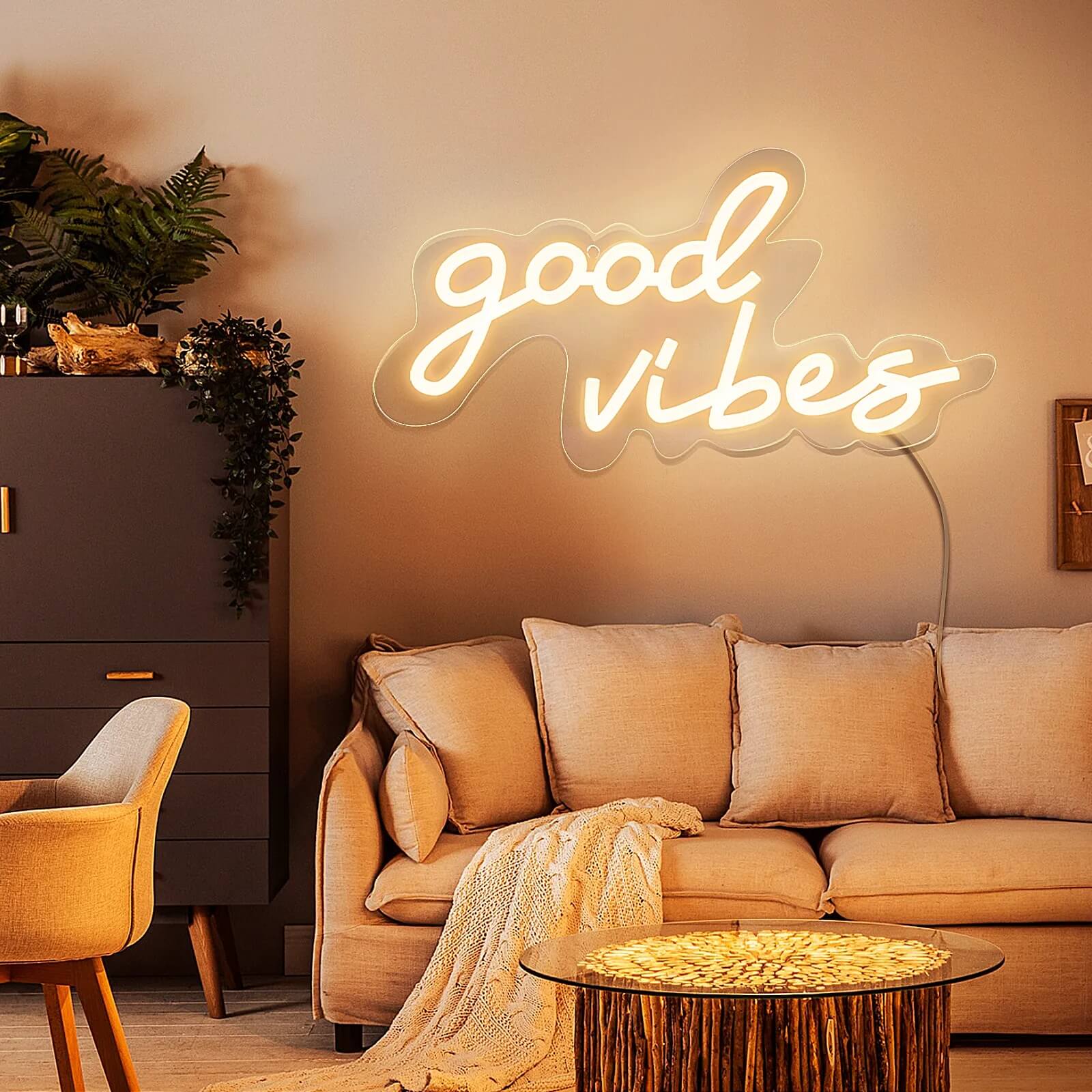 Good Vibes Wall Neon Sign — Warm LED Mood Lighting for Bedside — Detail