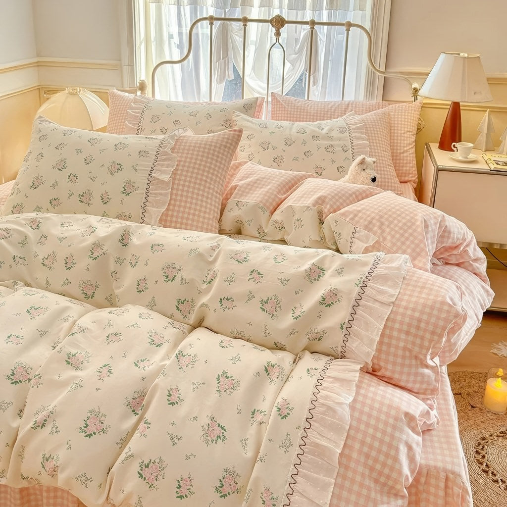 Grandma Pink Plaid Bedding Duvet Cover Set — Lifestyle 1