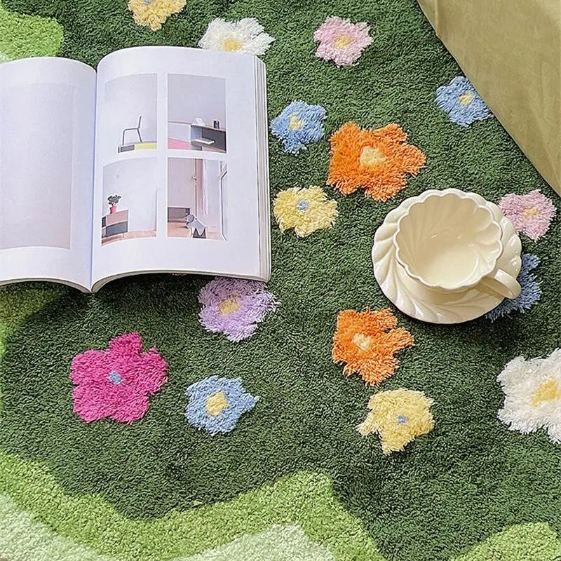 Green Blooming Lawn Accent Rug — Soft Accent Rug for Bedroom Layering — Detail