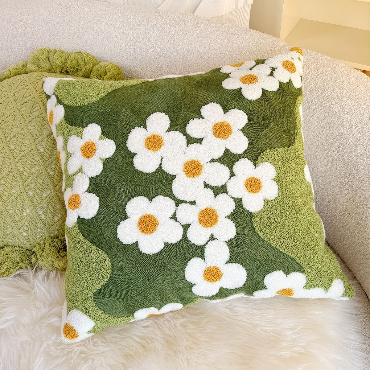 Daisy Cushion Cover — Embroidered Cotton for the Sofa — Detail