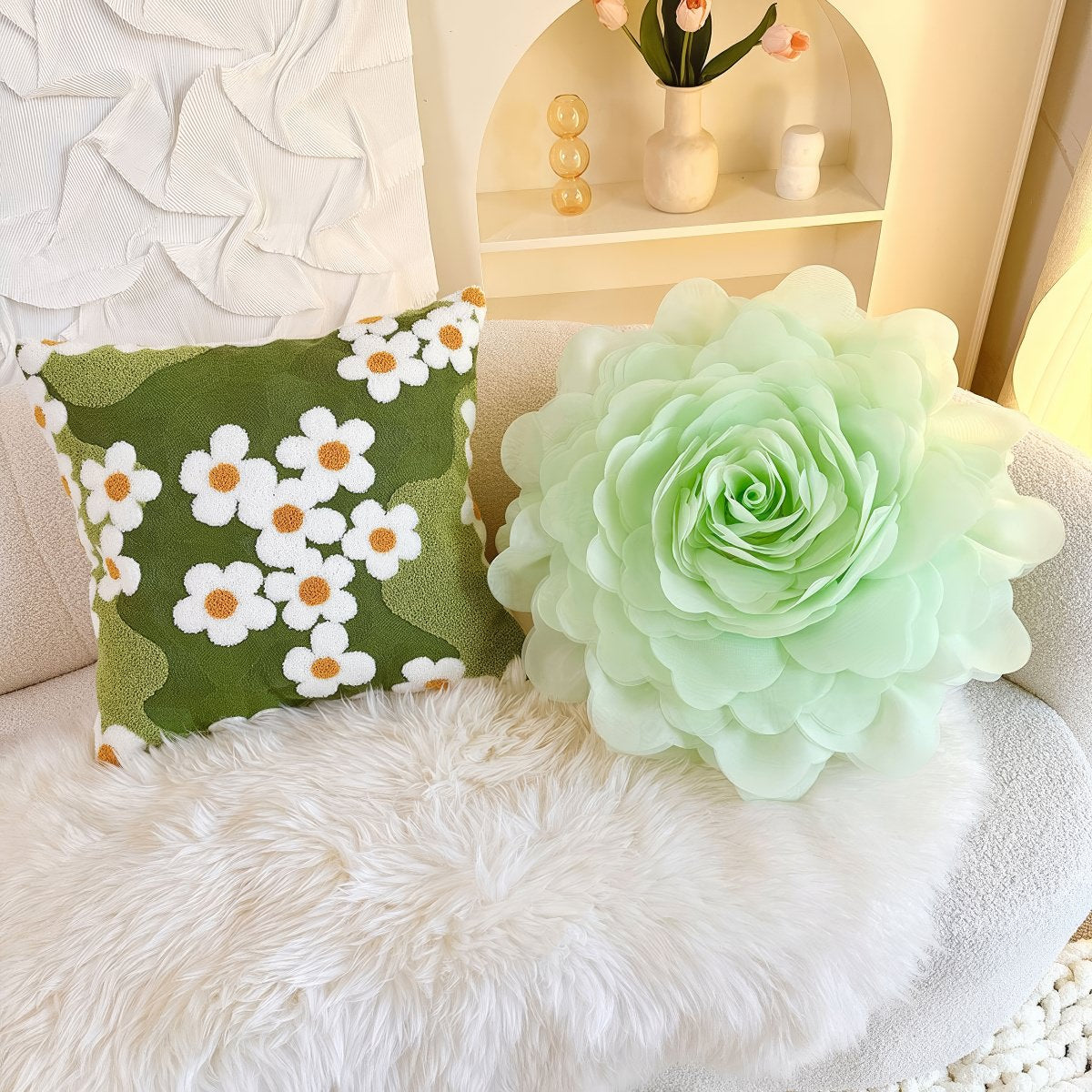 Green Garden Daisies Embroidered Cushion Cover — Soft Textured Pillow for Bedroom Layering — Lifestyle 1