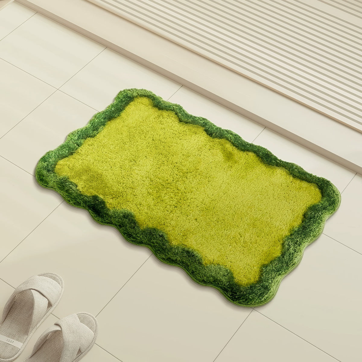 Simple Wavy Green Floor Mat — Soft Accent Rug for Bedroom Layering — Detail