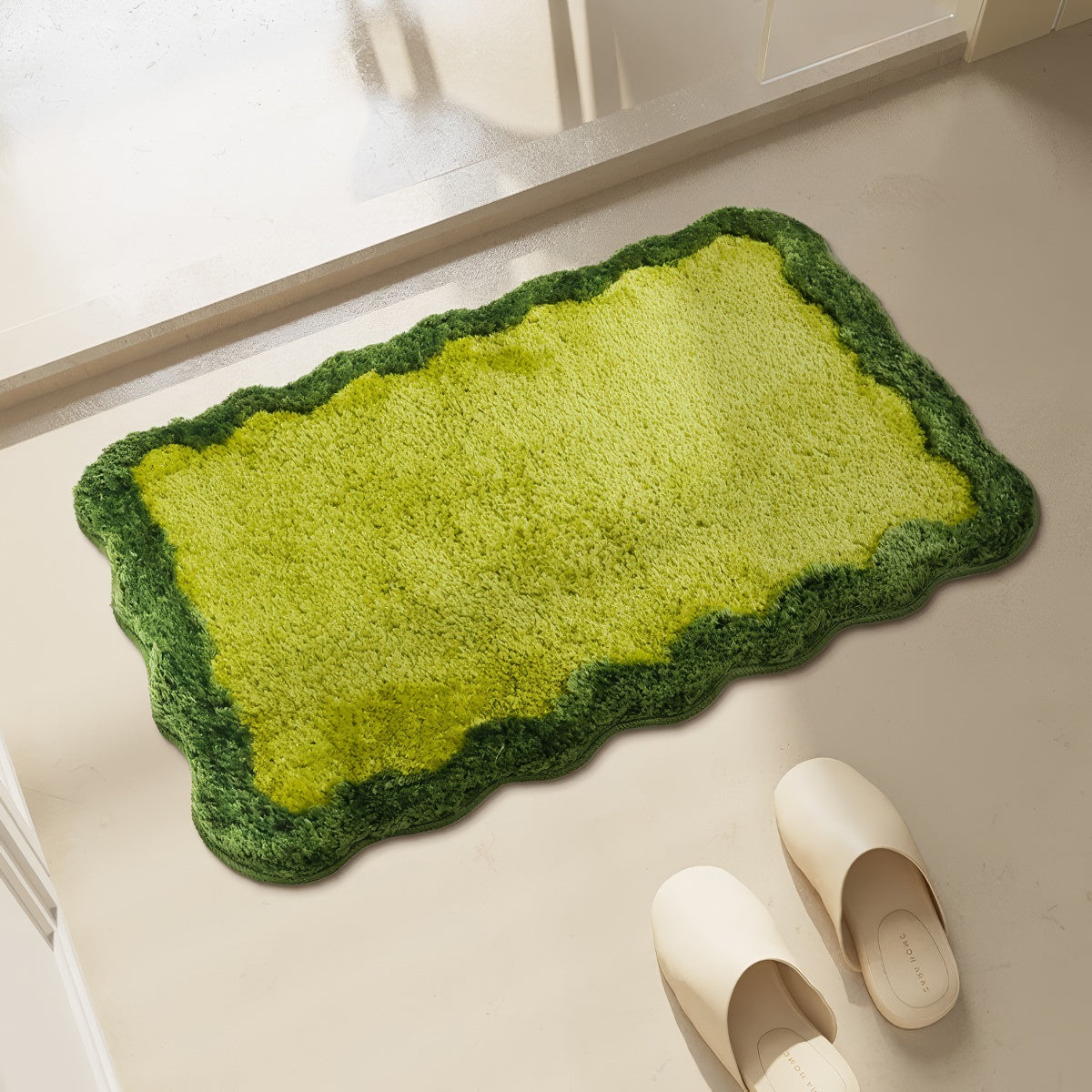 Simple Wavy Green Floor Mat — Soft Accent Rug for Bedroom Layering — Lifestyle 1