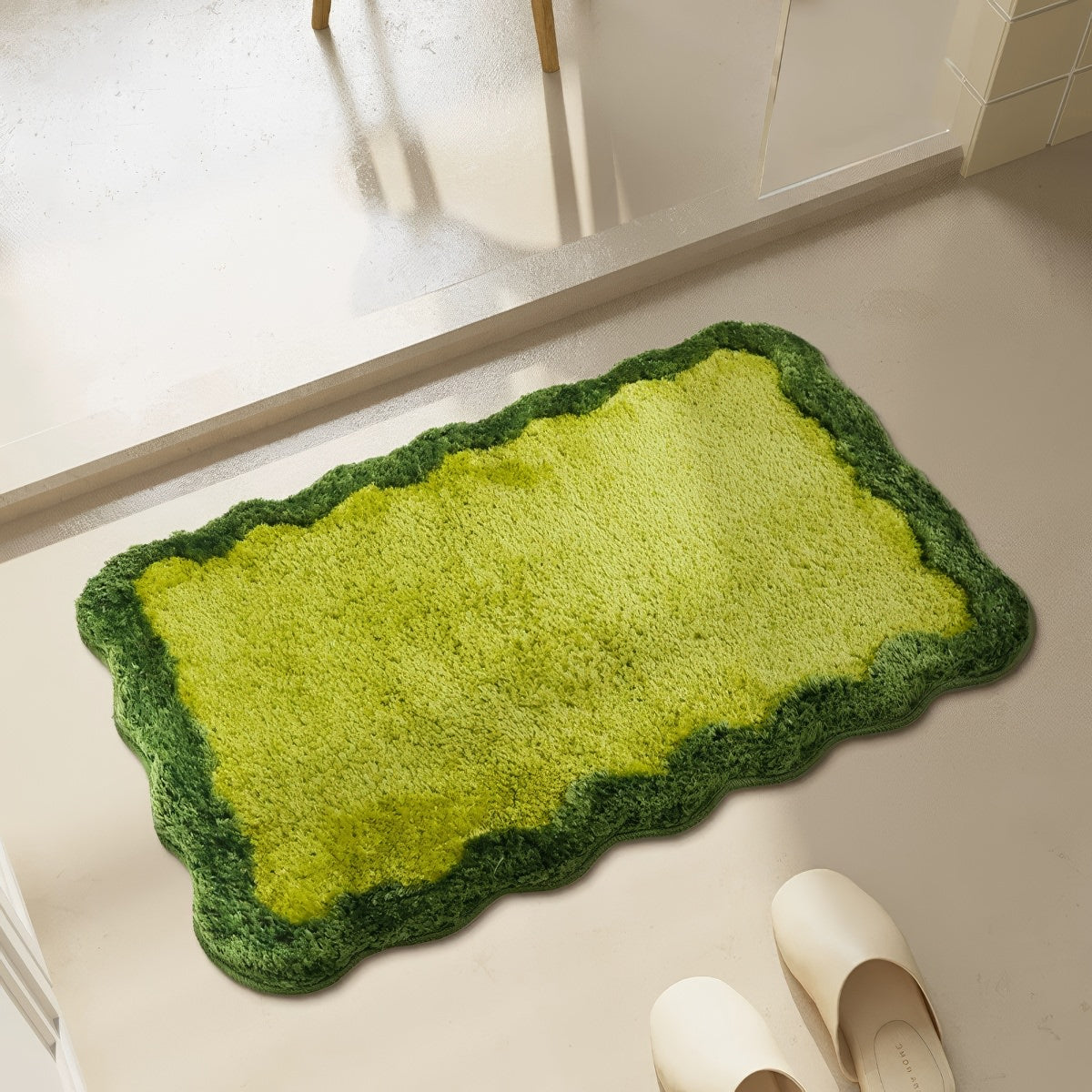 Simple Wavy Green Floor Mat — Soft Accent Rug for Bedroom Layering — Lifestyle 3