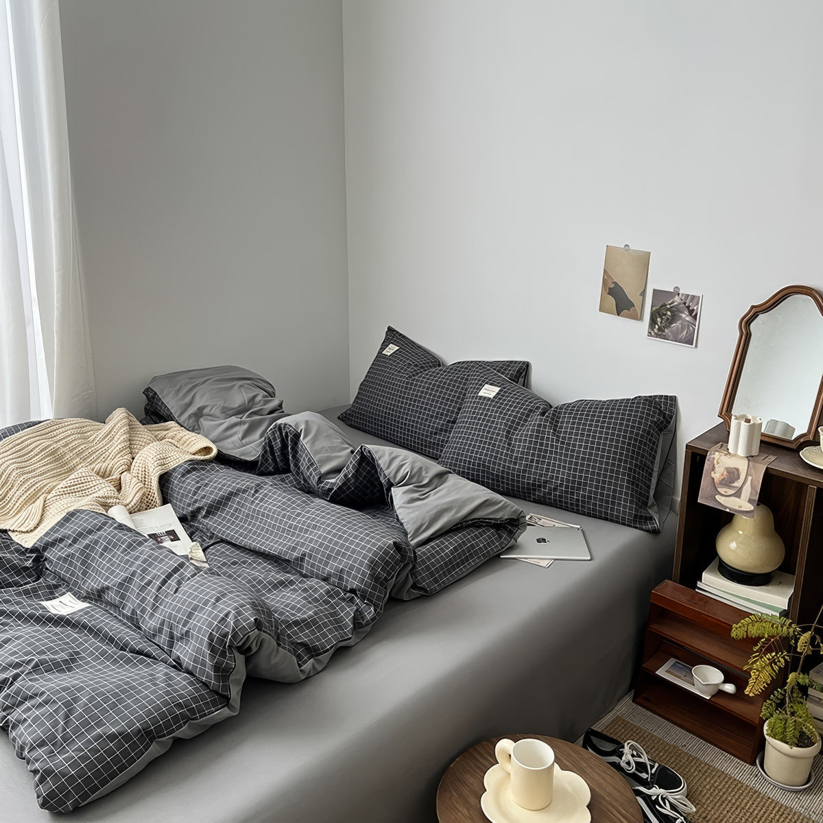 Minimalist Grey Grid Bedding Set — Soft-Touch Cotton Duvet & Pillowcases — Lifestyle 2