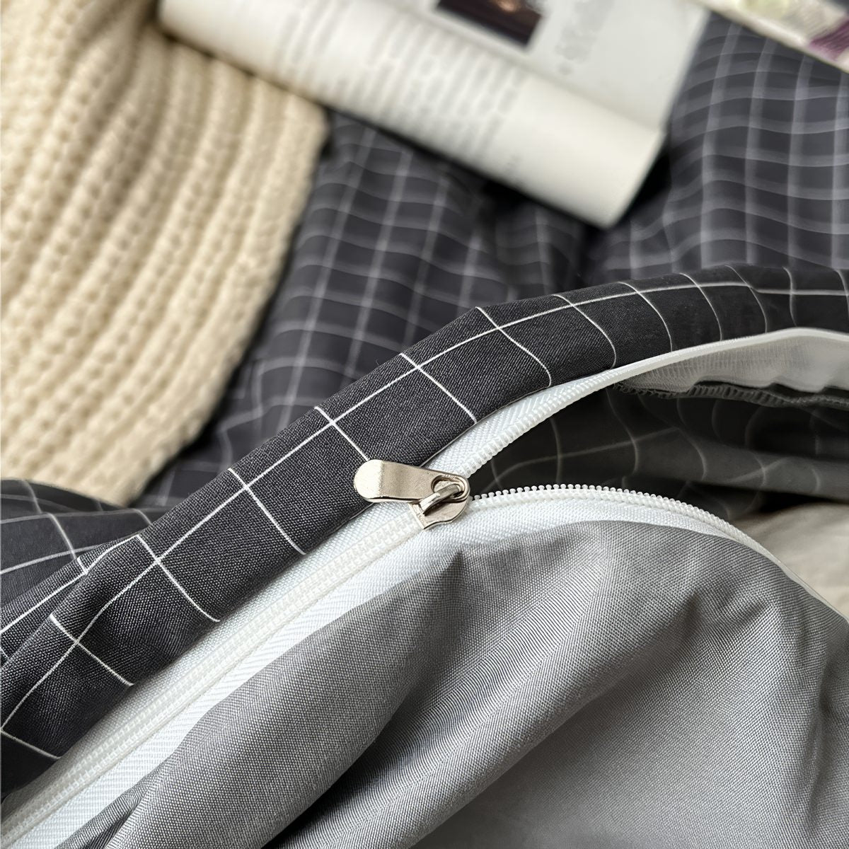 Minimalist Grey Grid Bedding Set — Soft-Touch Cotton Duvet & Pillowcases — Lifestyle 6