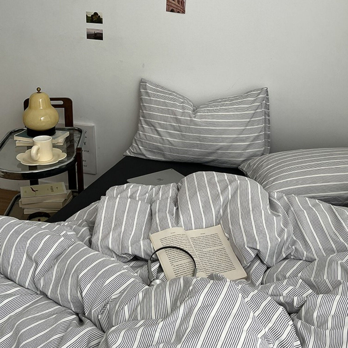 Minimalist Grey Pinstripe Bedding Set — Soft-Touch Cotton Duvet & Pillowcases — Lifestyle 1