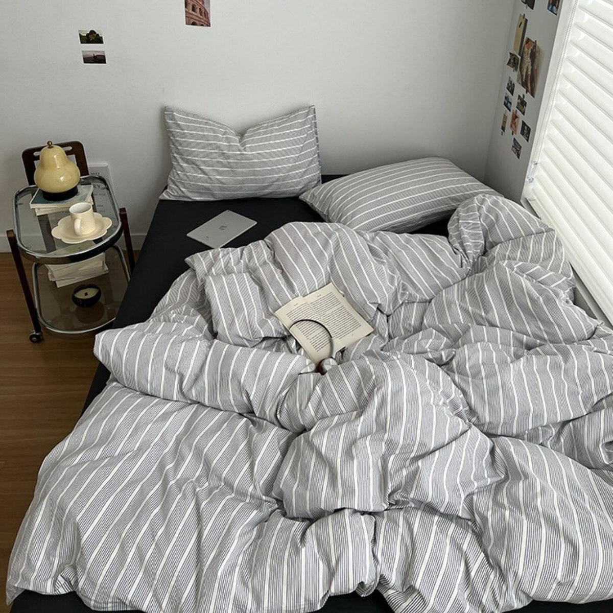 Minimalist Grey Pinstripe Bedding Set — Soft-Touch Cotton Duvet & Pillowcases — Lifestyle 3