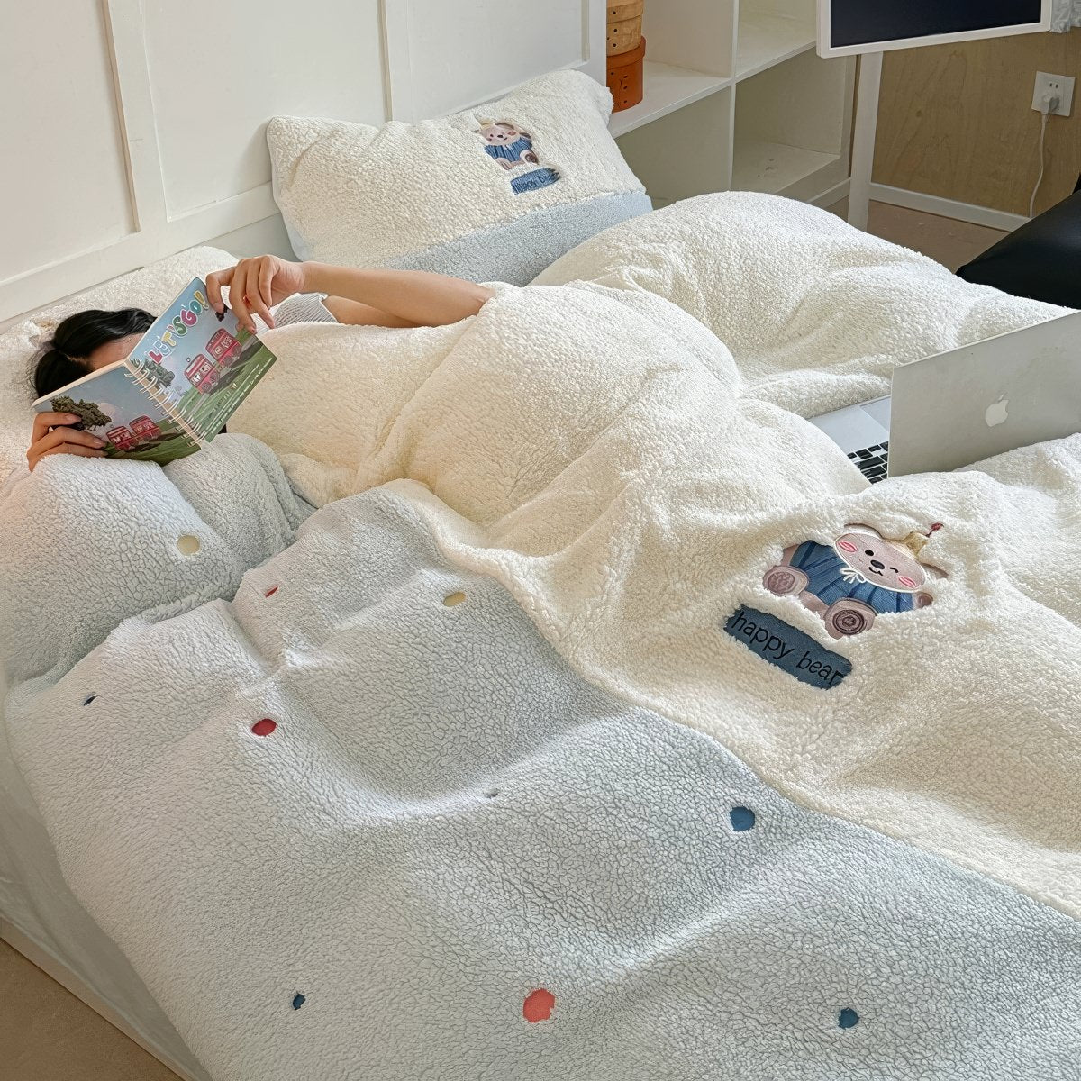 Embroidered Bear Sherpa Bedding Set — Plush Fleece Duvet Cover in Pastel Blue — Lifestyle 1