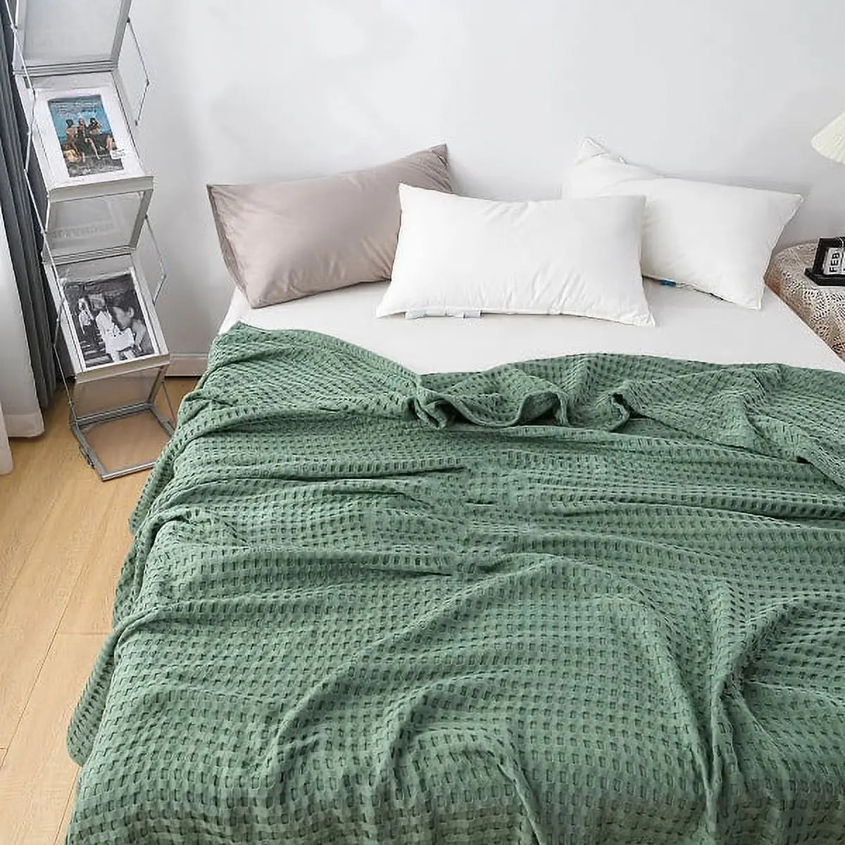 Cotton Waffle Weave Summer Blanket in Khaki, Yellow, Blue, and Gray - Available in Double, Queen, King Sizes — Lifestyle 9