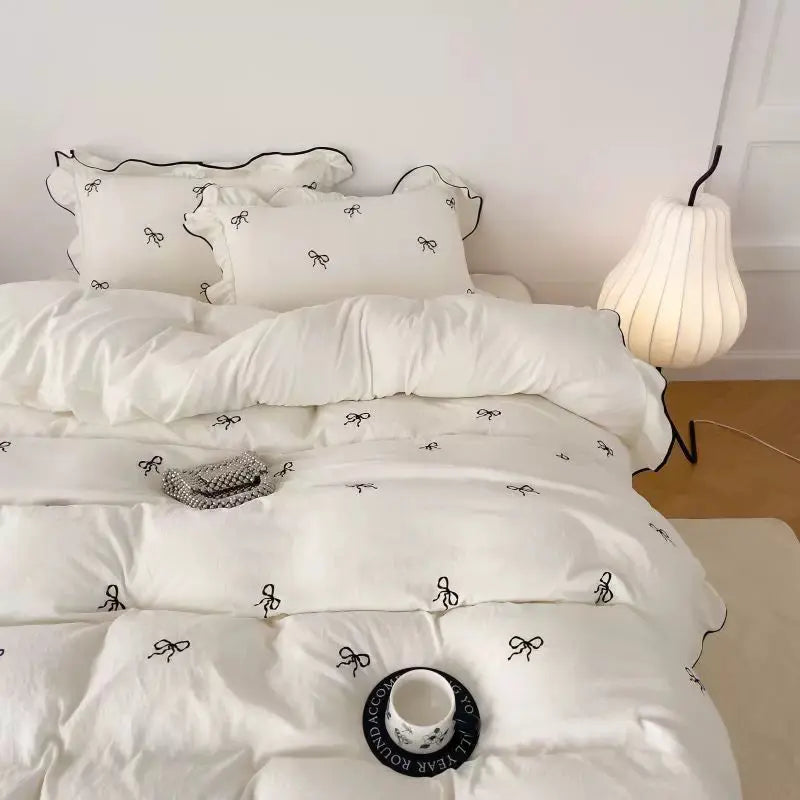 Ruffle Bow Duvet Cover Set for Queen and King Beds in White and Pink – 4 Piece Bedding Collection — Lifestyle 5