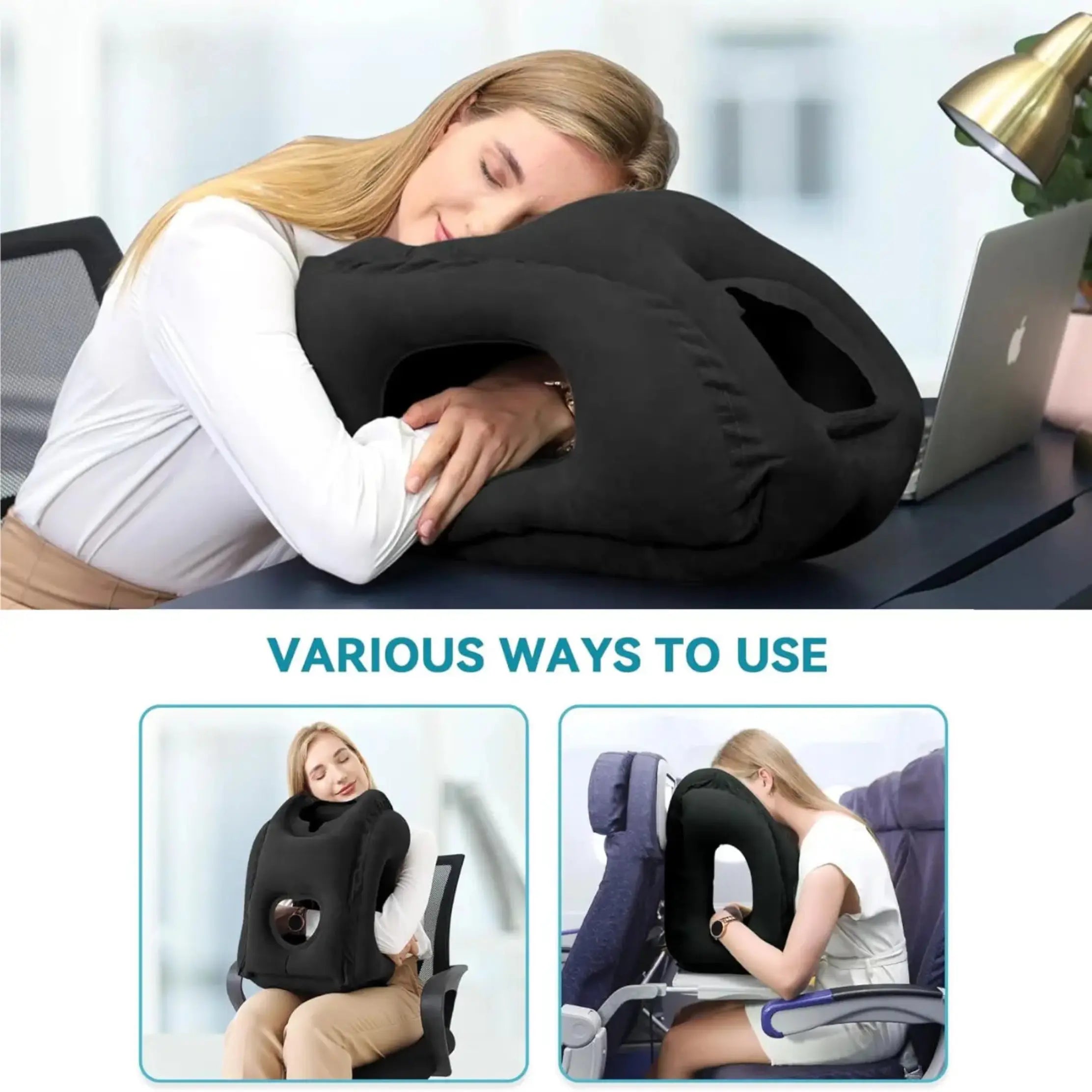 Inflatable Travel Pillow for Comfortable Sleep Support - Available in Grey, Blue, and Black — Lifestyle 1
