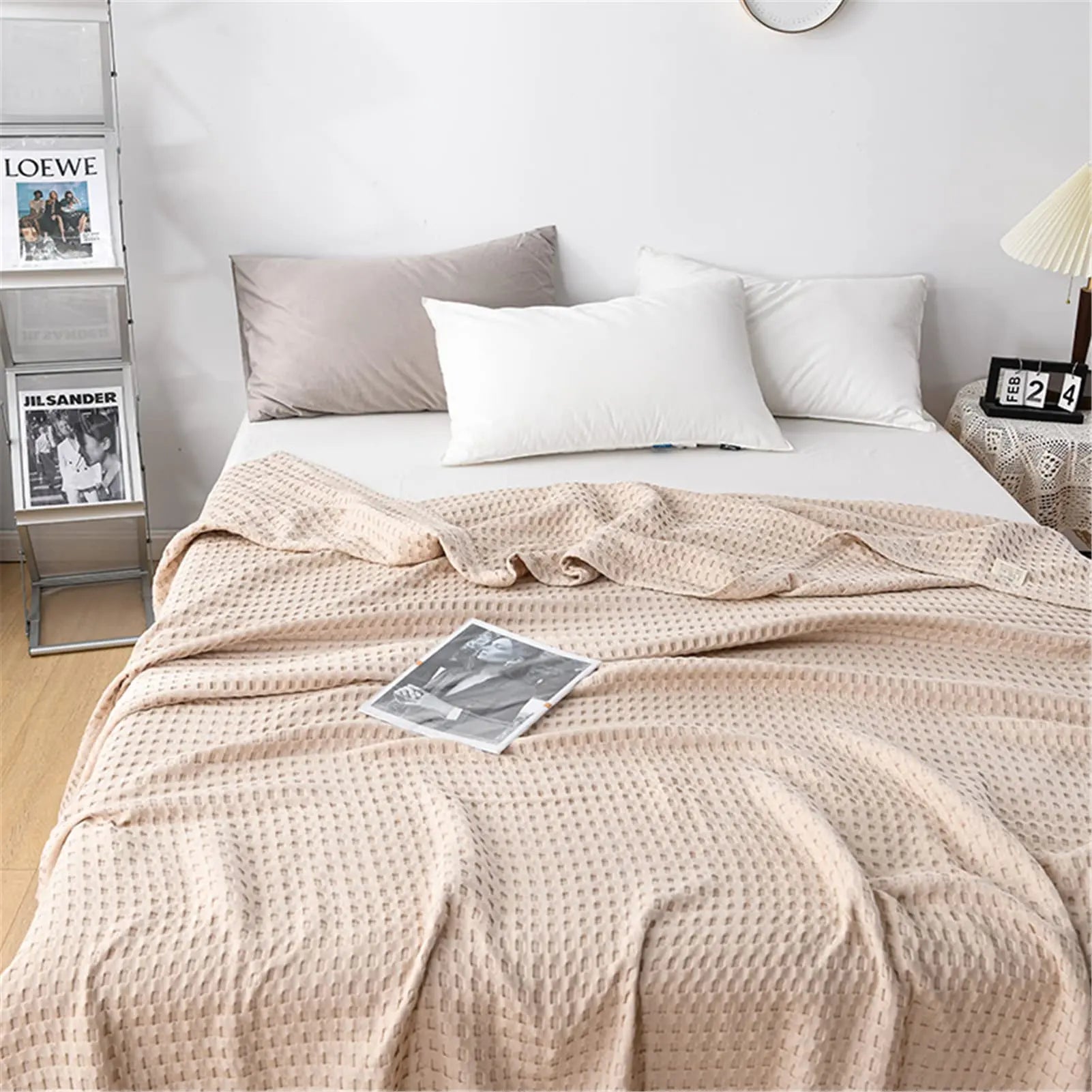 Cotton Waffle Weave Summer Blanket in Khaki, Yellow, Blue, and Gray - Available in Double, Queen, King Sizes — Lifestyle 5