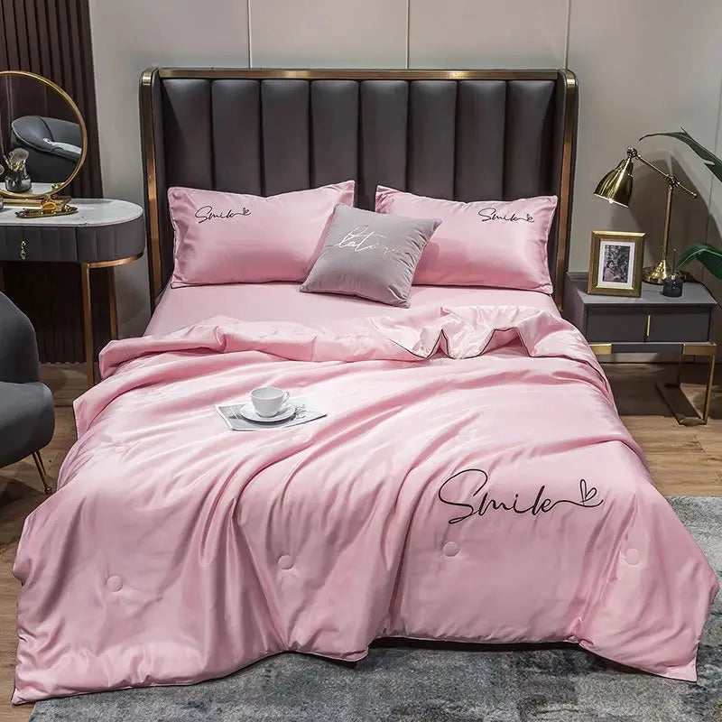 Washed Silk Summer Quilt Set - 3 Piece Bedding in Green, Pink, Yellow, Light Grey - Multiple Sizes Available — Lifestyle 6