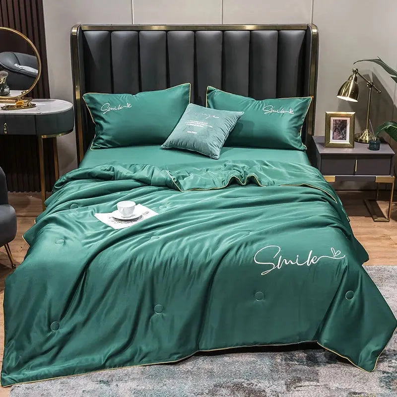 Washed Silk Summer Quilt Set - 3 Piece Bedding in Green, Pink, Yellow, Light Grey - Multiple Sizes Available — Lifestyle 5