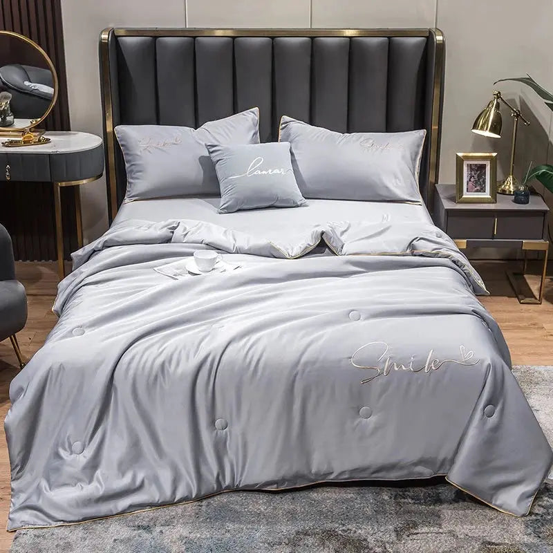 Washed Silk Summer Quilt Set - 3 Piece Bedding in Green, Pink, Yellow, Light Grey - Multiple Sizes Available — Lifestyle 8